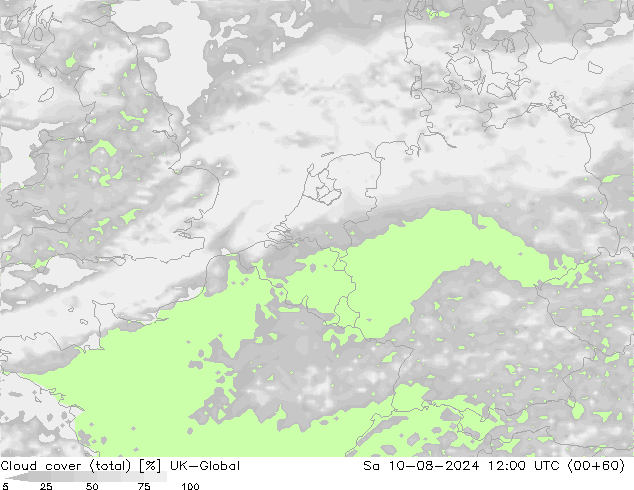 Bewolking (Totaal) UK-Global za 10.08.2024 12 UTC