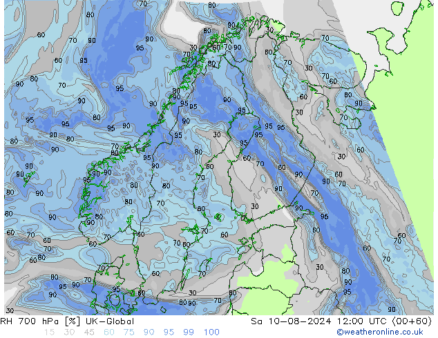 RH 700 hPa UK-Global 星期六 10.08.2024 12 UTC