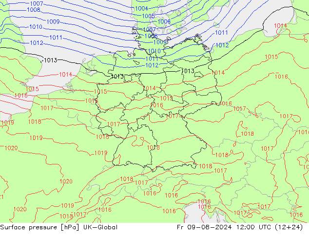 Luchtdruk (Grond) UK-Global vr 09.08.2024 12 UTC