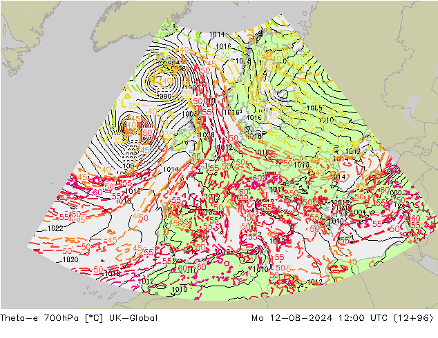Theta-e 700hPa UK-Global 星期一 12.08.2024 12 UTC