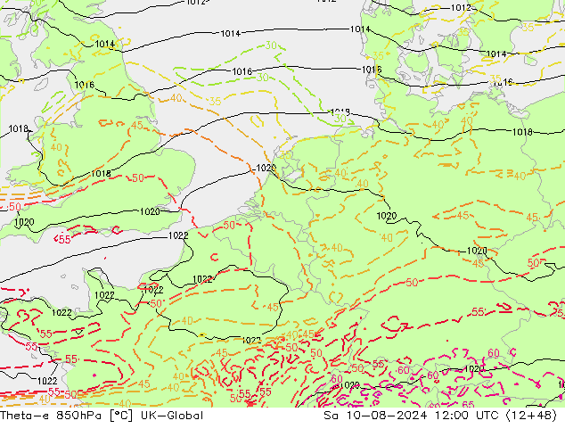 Theta-e 850hPa UK-Global 星期六 10.08.2024 12 UTC