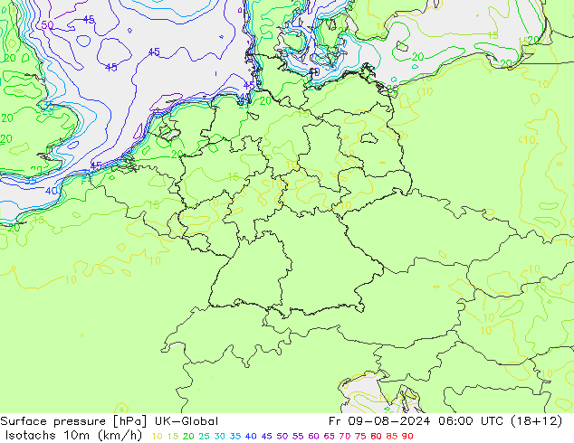 10米等风速线 (kph) UK-Global 星期五 09.08.2024 06 UTC