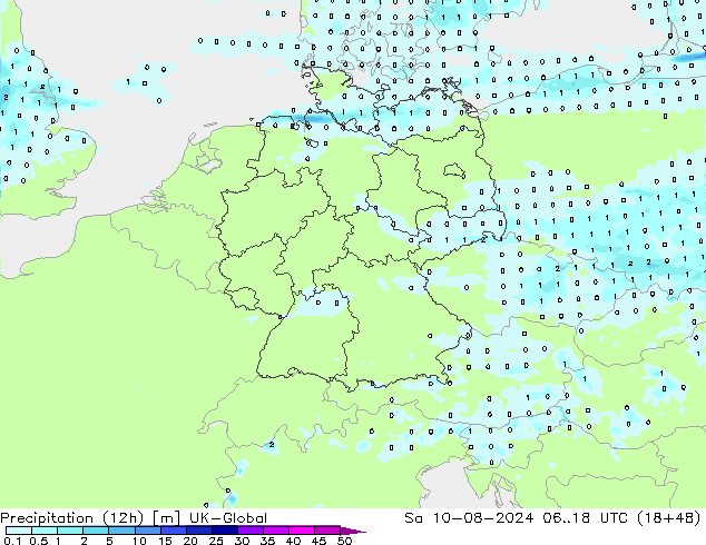 降水量 (12h) UK-Global 星期六 10.08.2024 18 UTC