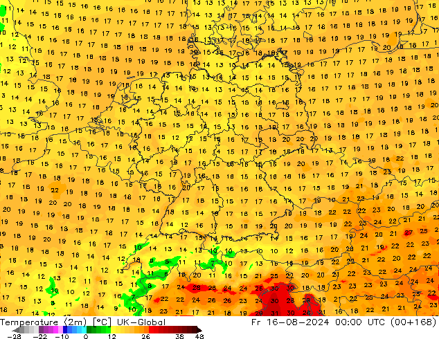 Temperatuurkaart (2m) UK-Global vr 16.08.2024 00 UTC