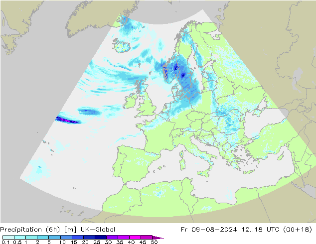 降水量 (6h) UK-Global 星期五 09.08.2024 18 UTC