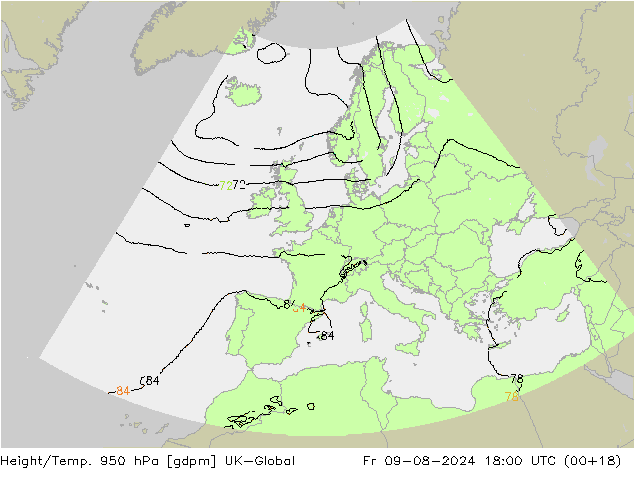 Height/Temp. 950 hPa UK-Global 星期五 09.08.2024 18 UTC