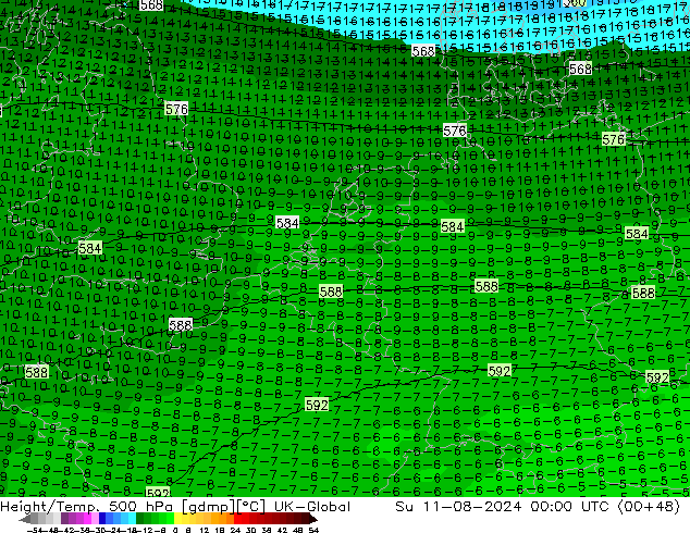 Height/Temp. 500 hPa UK-Global 星期日 11.08.2024 00 UTC
