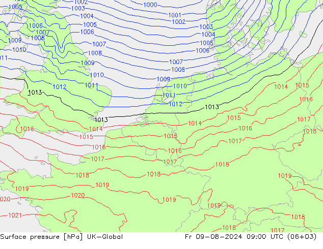 地面气压 UK-Global 星期五 09.08.2024 09 UTC