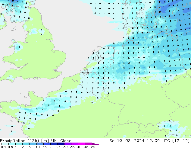 Totale neerslag (12h) UK-Global za 10.08.2024 00 UTC