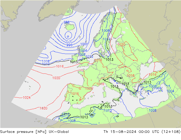 地面气压 UK-Global 星期四 15.08.2024 00 UTC