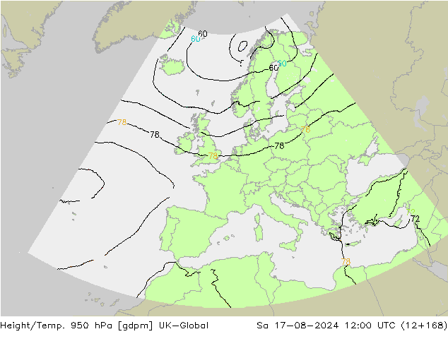 Hoogte/Temp. 950 hPa UK-Global za 17.08.2024 12 UTC