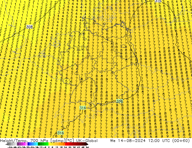 Height/Temp. 700 hPa UK-Global 星期三 14.08.2024 12 UTC