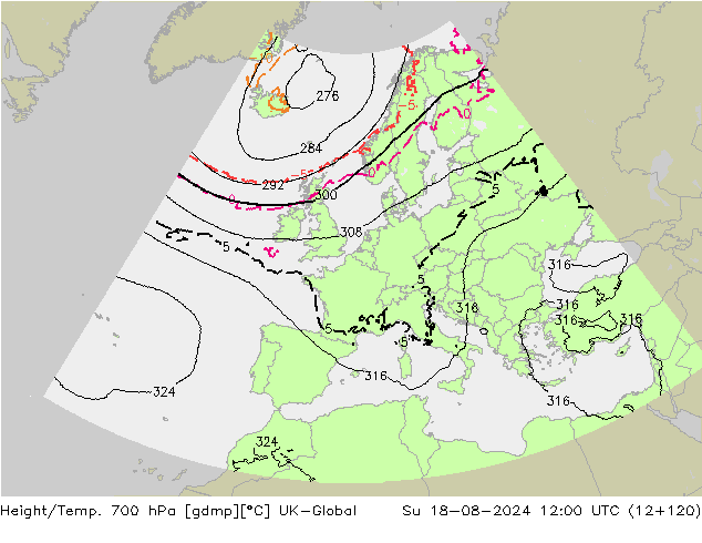 Hoogte/Temp. 700 hPa UK-Global zo 18.08.2024 12 UTC