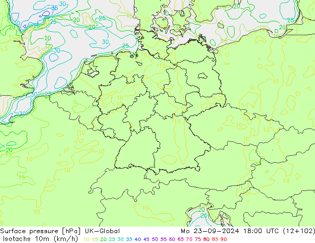 Isotachen (km/h) UK-Global Mo 23.09.2024 18 UTC