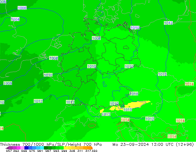 Dikte700-1000 hPa UK-Global ma 23.09.2024 12 UTC