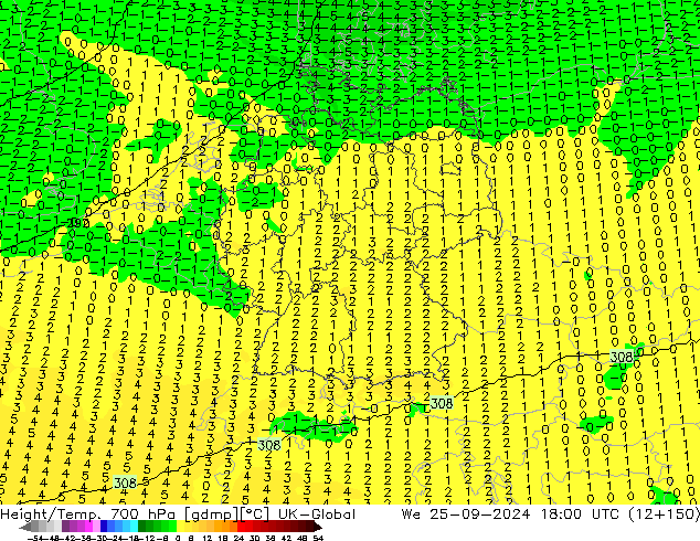 Hoogte/Temp. 700 hPa UK-Global wo 25.09.2024 18 UTC