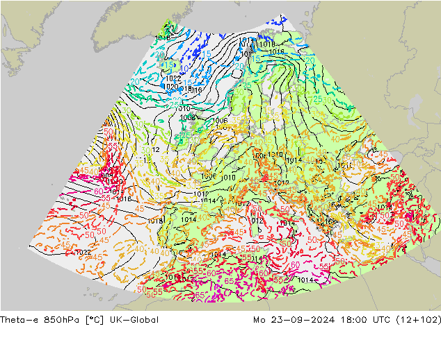 Theta-e 850hPa UK-Global Mo 23.09.2024 18 UTC