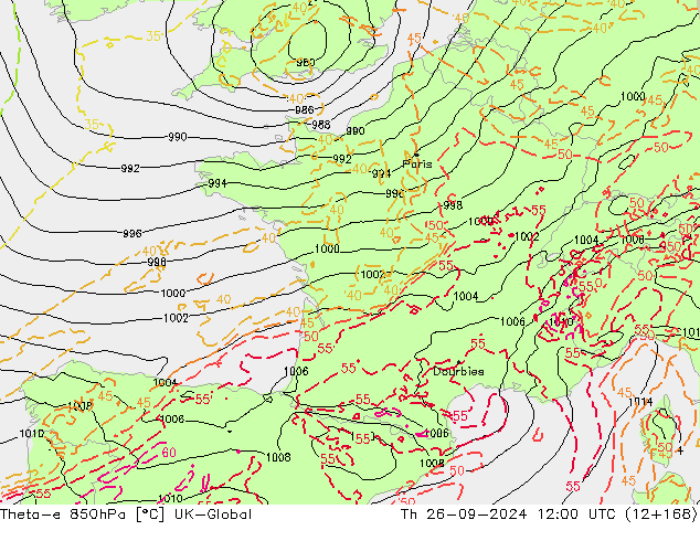 Theta-e 850hPa UK-Global Do 26.09.2024 12 UTC