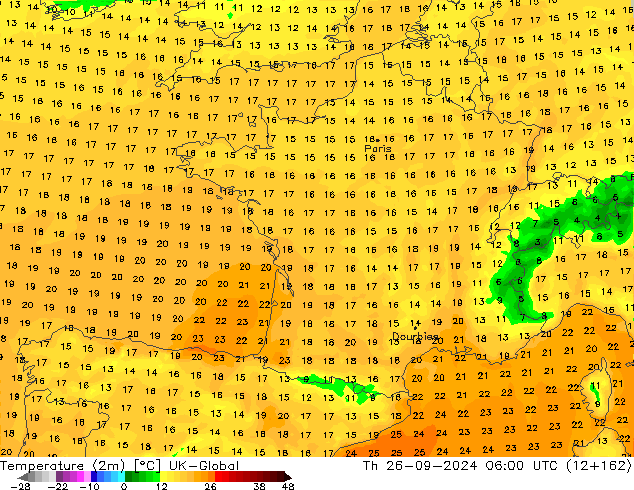 Temperature (2m) UK-Global Th 26.09.2024 06 UTC