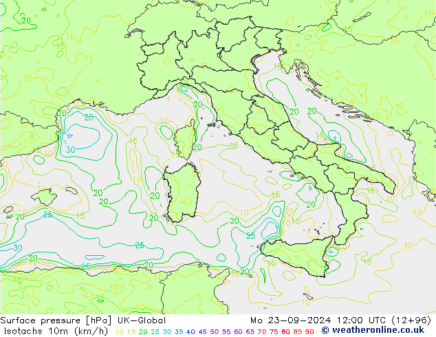 Isotachs (kph) UK-Global Po 23.09.2024 12 UTC