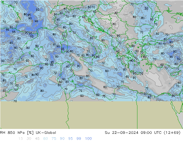 RH 850 hPa UK-Global nie. 22.09.2024 09 UTC