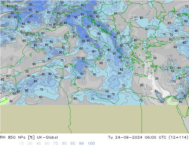 RH 850 hPa UK-Global Tu 24.09.2024 06 UTC