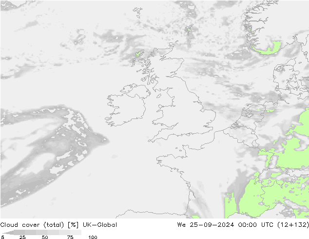 Bewolking (Totaal) UK-Global wo 25.09.2024 00 UTC