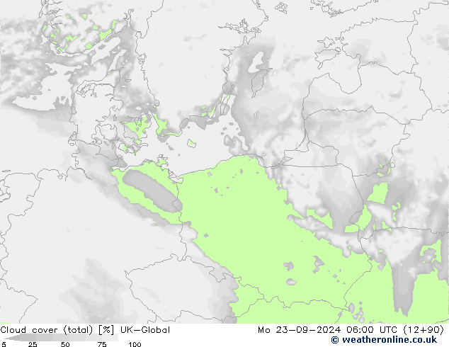 Cloud cover (total) UK-Global Mo 23.09.2024 06 UTC