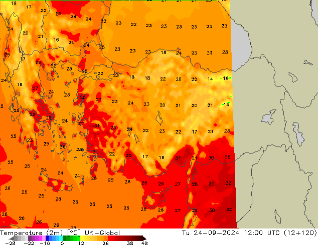 Temperaturkarte (2m) UK-Global Di 24.09.2024 12 UTC