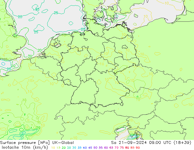 Isotachs (kph) UK-Global сб 21.09.2024 09 UTC