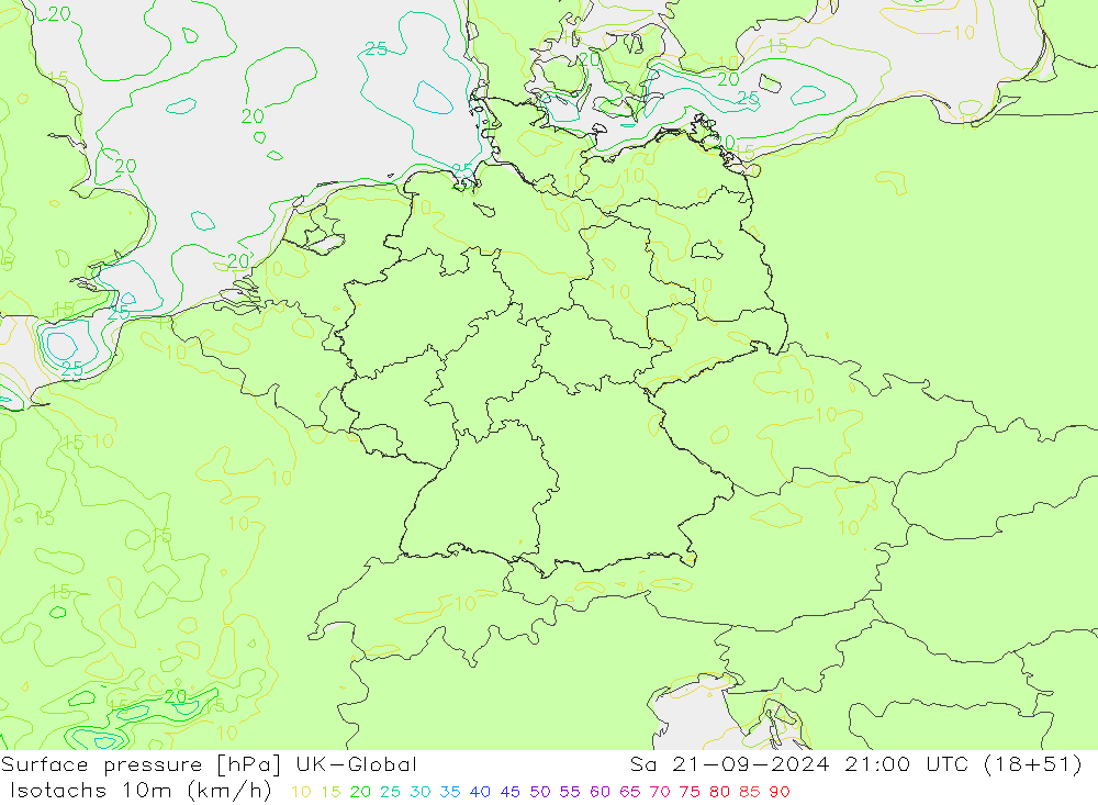 Isotachen (km/h) UK-Global za 21.09.2024 21 UTC