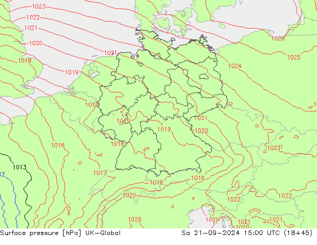 Pressione al suolo UK-Global sab 21.09.2024 15 UTC