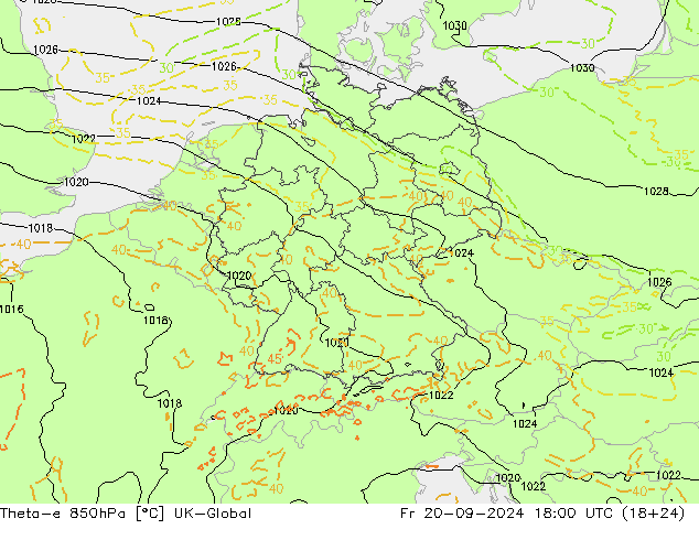 Theta-e 850hPa UK-Global Fr 20.09.2024 18 UTC
