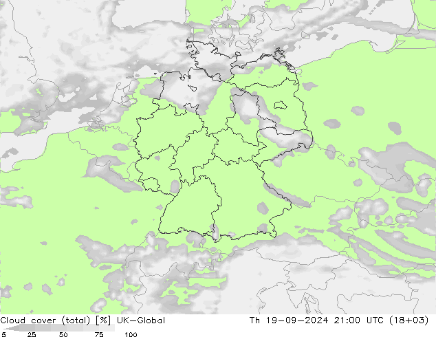 Cloud cover (total) UK-Global Th 19.09.2024 21 UTC