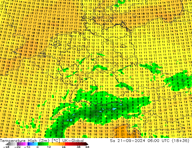 Nejvyšší teplota (2m) UK-Global So 21.09.2024 06 UTC