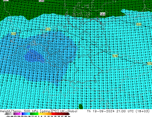 Height/Temp. 500 hPa UK-Global Th 19.09.2024 21 UTC