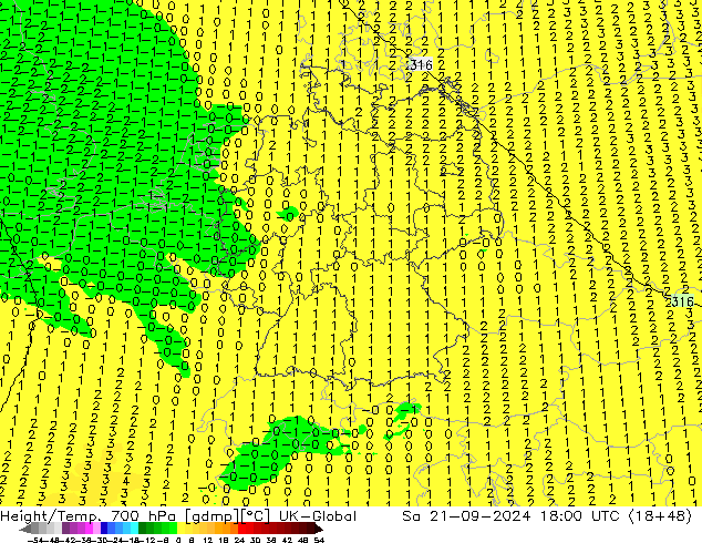 Height/Temp. 700 hPa UK-Global Sa 21.09.2024 18 UTC