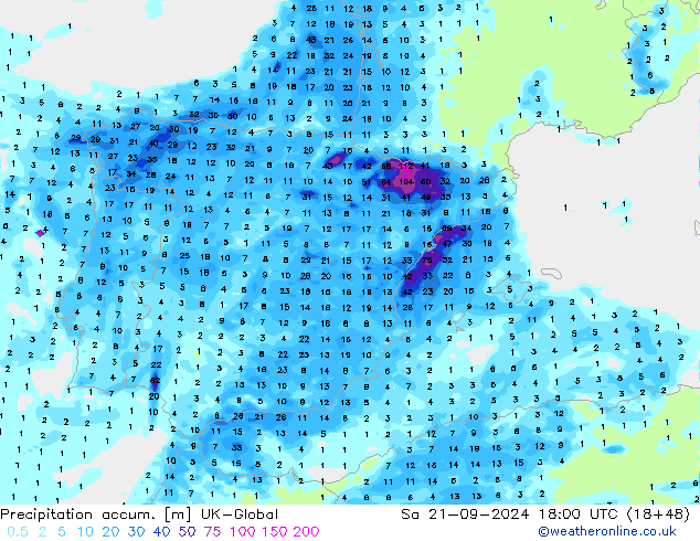 Precipitation accum. UK-Global So 21.09.2024 18 UTC