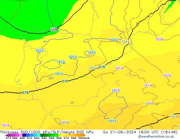 Thck 500-1000гПа UK-Global сб 21.09.2024 18 UTC