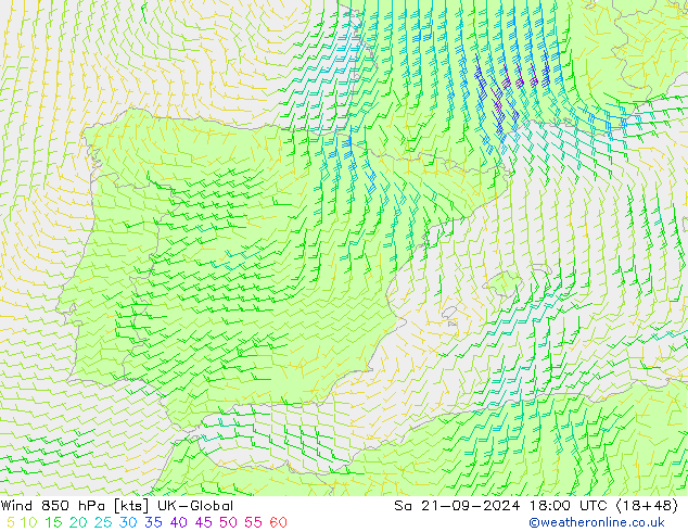 Wind 850 hPa UK-Global Sa 21.09.2024 18 UTC