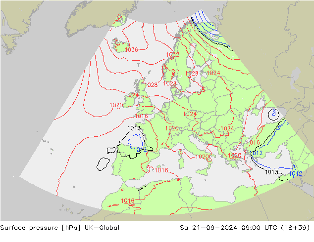 Presión superficial UK-Global sáb 21.09.2024 09 UTC