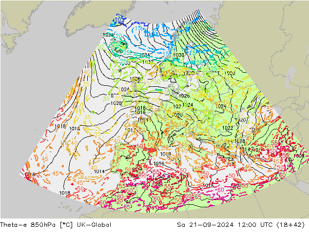 Theta-e 850hPa UK-Global So 21.09.2024 12 UTC
