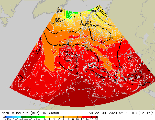 Theta-W 850hPa UK-Global So 22.09.2024 06 UTC