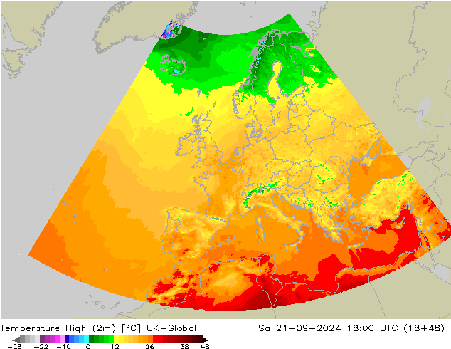 température 2m max UK-Global sam 21.09.2024 18 UTC