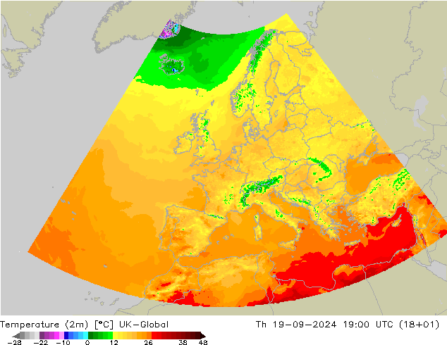 Temperaturkarte (2m) UK-Global Do 19.09.2024 19 UTC