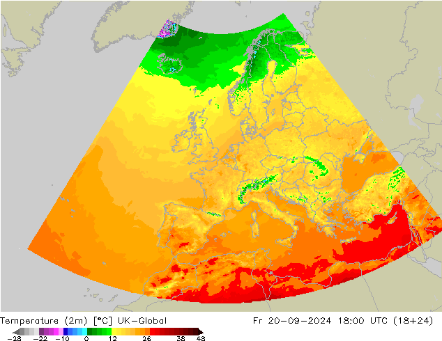 Temperature (2m) UK-Global Fr 20.09.2024 18 UTC