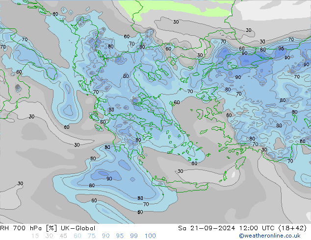 RH 700 гПа UK-Global сб 21.09.2024 12 UTC