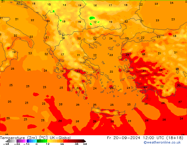 Temperature (2m) UK-Global Fr 20.09.2024 12 UTC