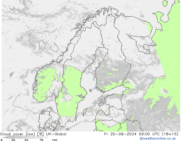 Cloud cover (low) UK-Global Fr 20.09.2024 09 UTC