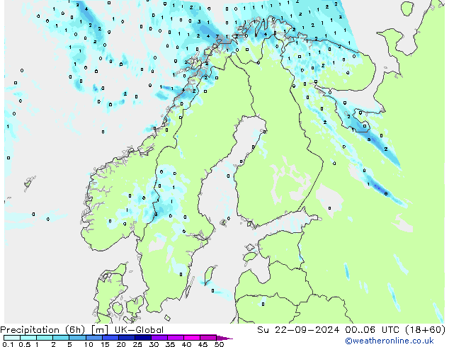 Precipitazione (6h) UK-Global dom 22.09.2024 06 UTC